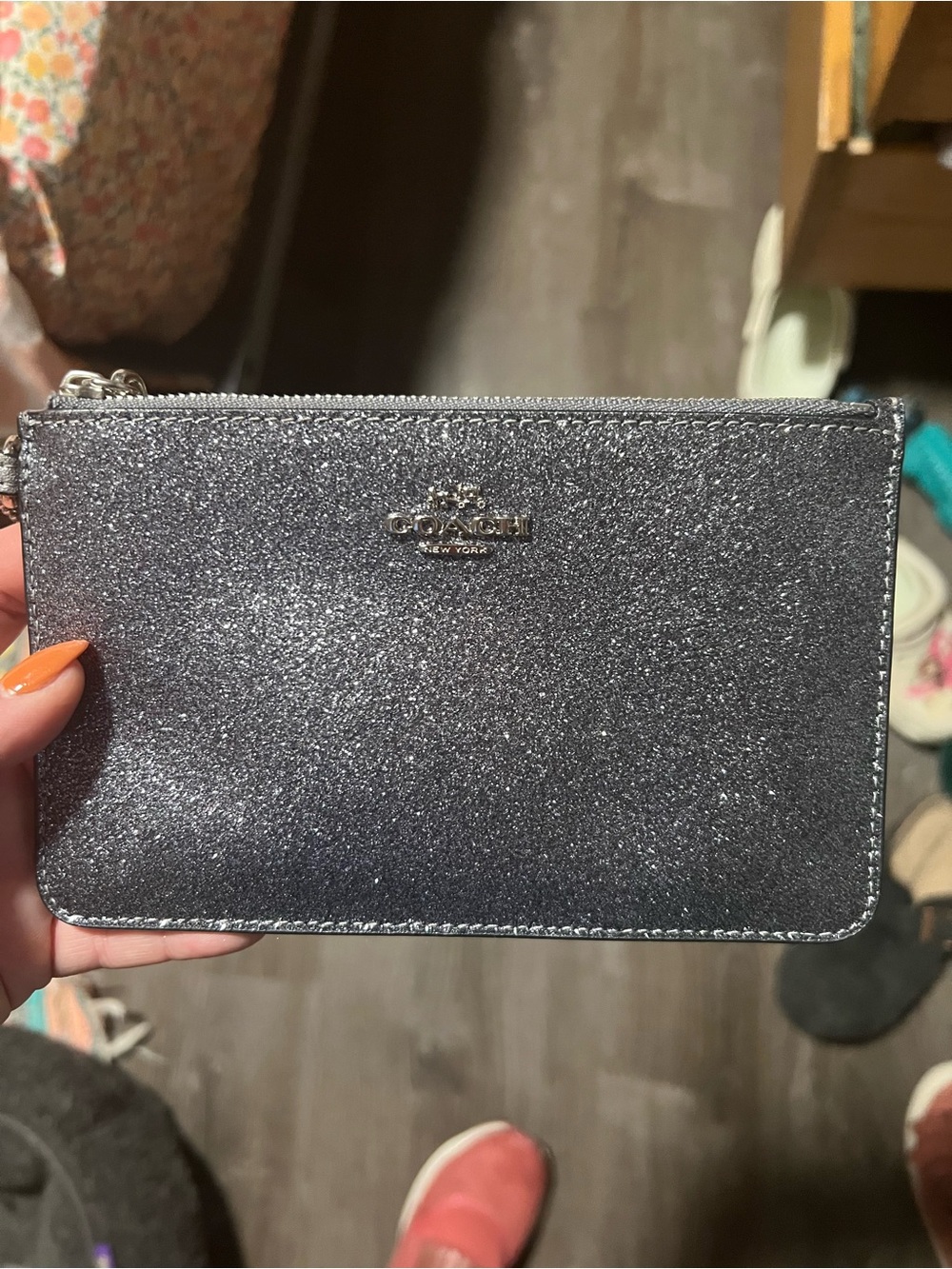 Coach Metallic Glitter Zip Wristlet in Silver